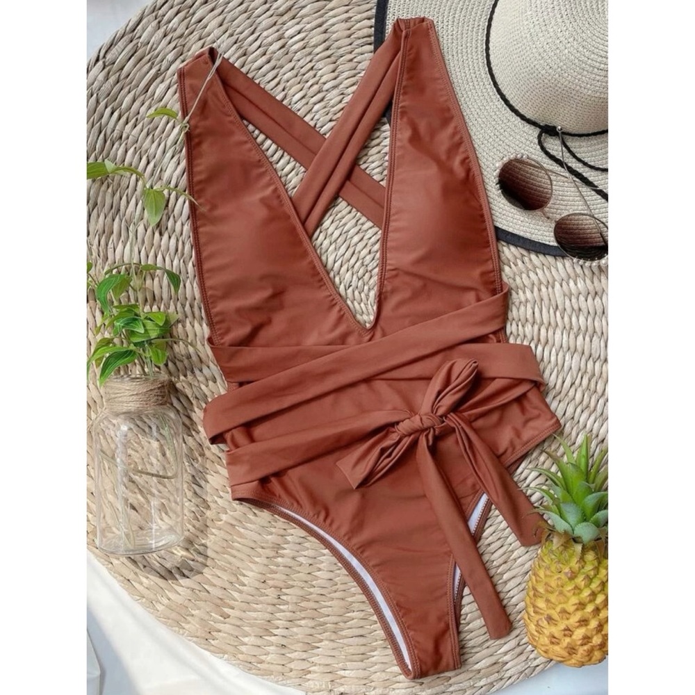 Bohemian Rust Plunging Neckline Wrap Tie Monokini One Piece Swim Beach S M L XL - Picture 2 of 7